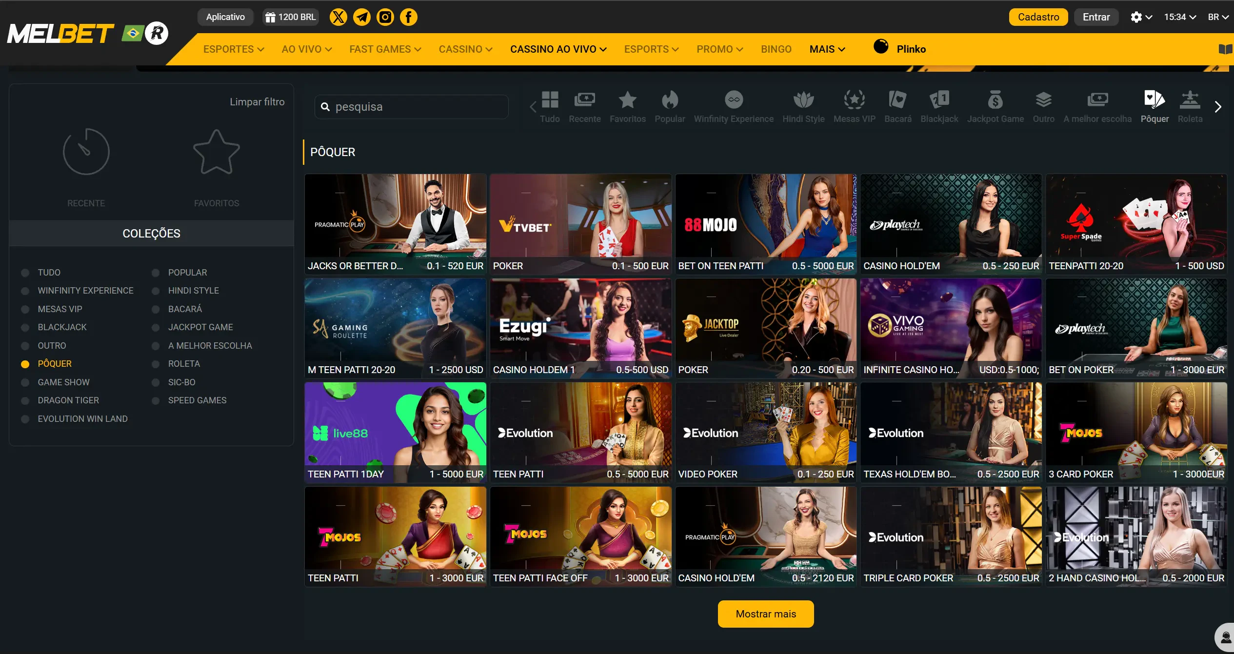 Home page da Melbet Casino em que você pode conferir os jogos de Pôquer mais populares da plataforma!