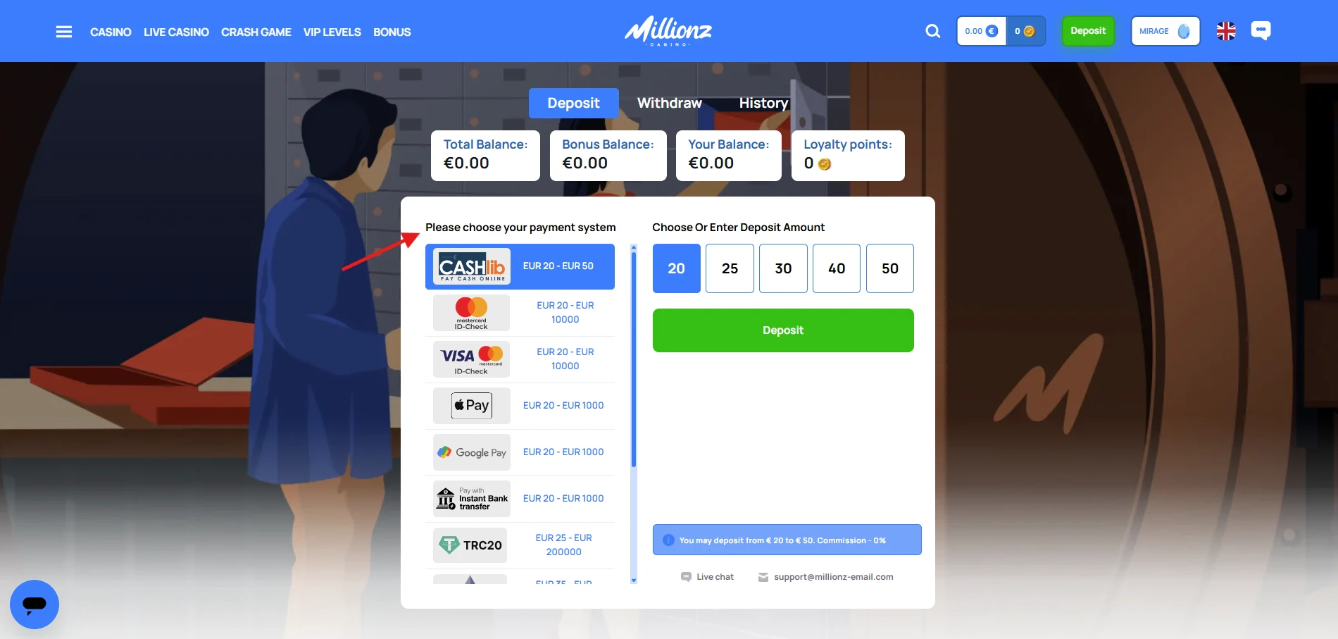 Millionz Casino - Payment Methods