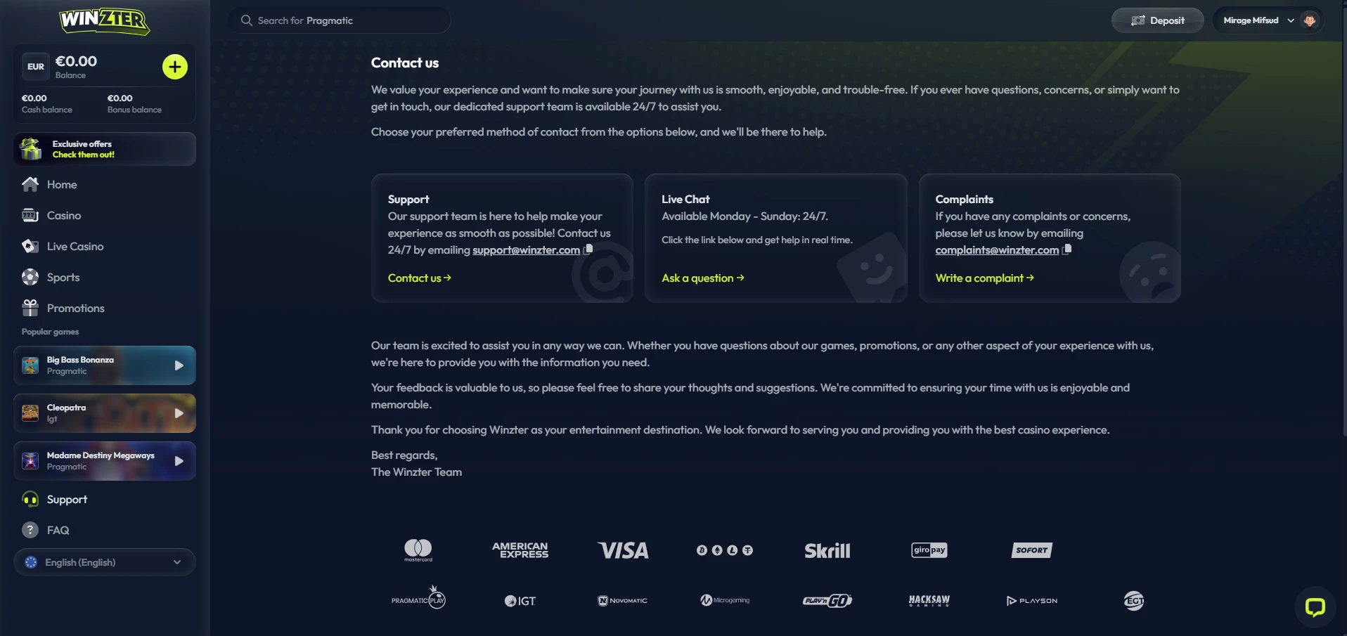 Winzter Casino - Customer Support
