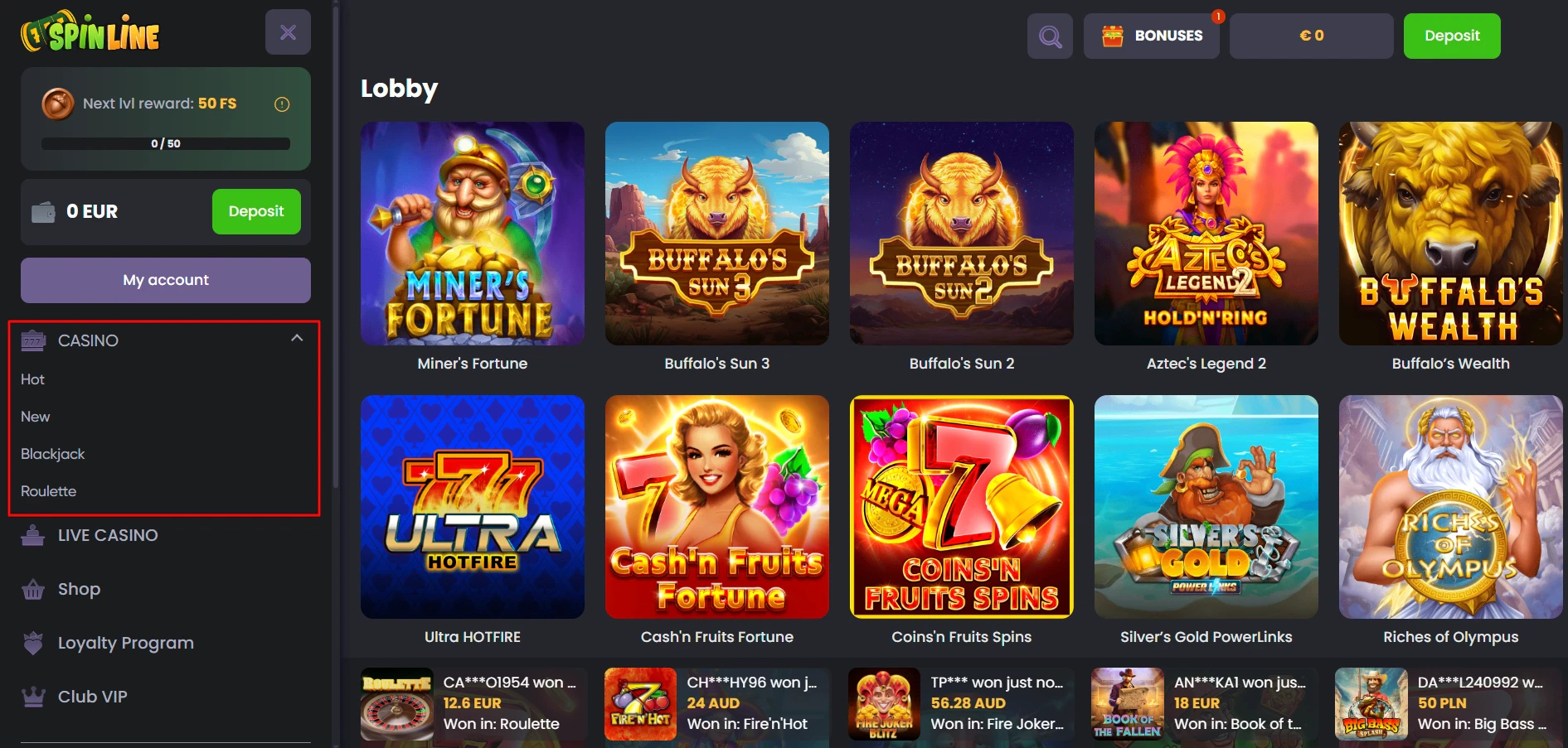 Spinline Casino Gaming Library