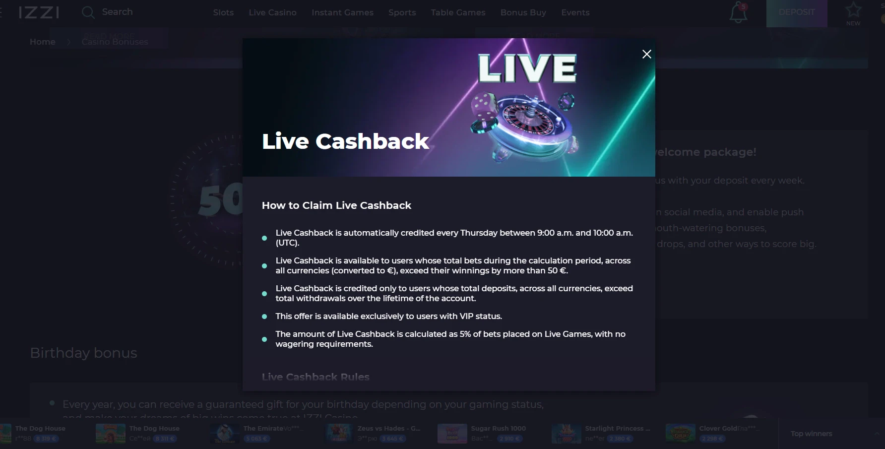 Izzi Live Casino Cashback