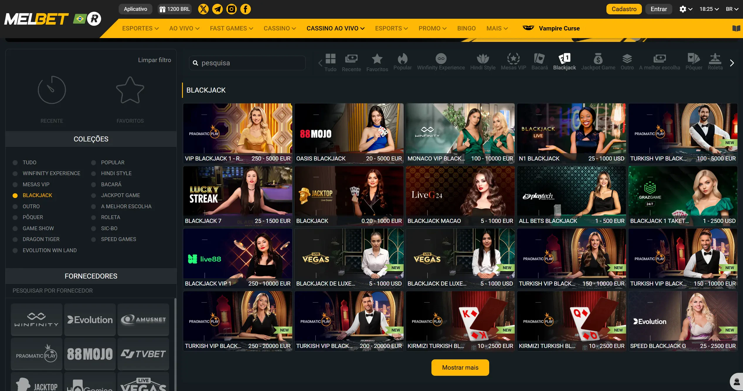 Página onde você encontra as opções de blackjack da Melbet Casino.