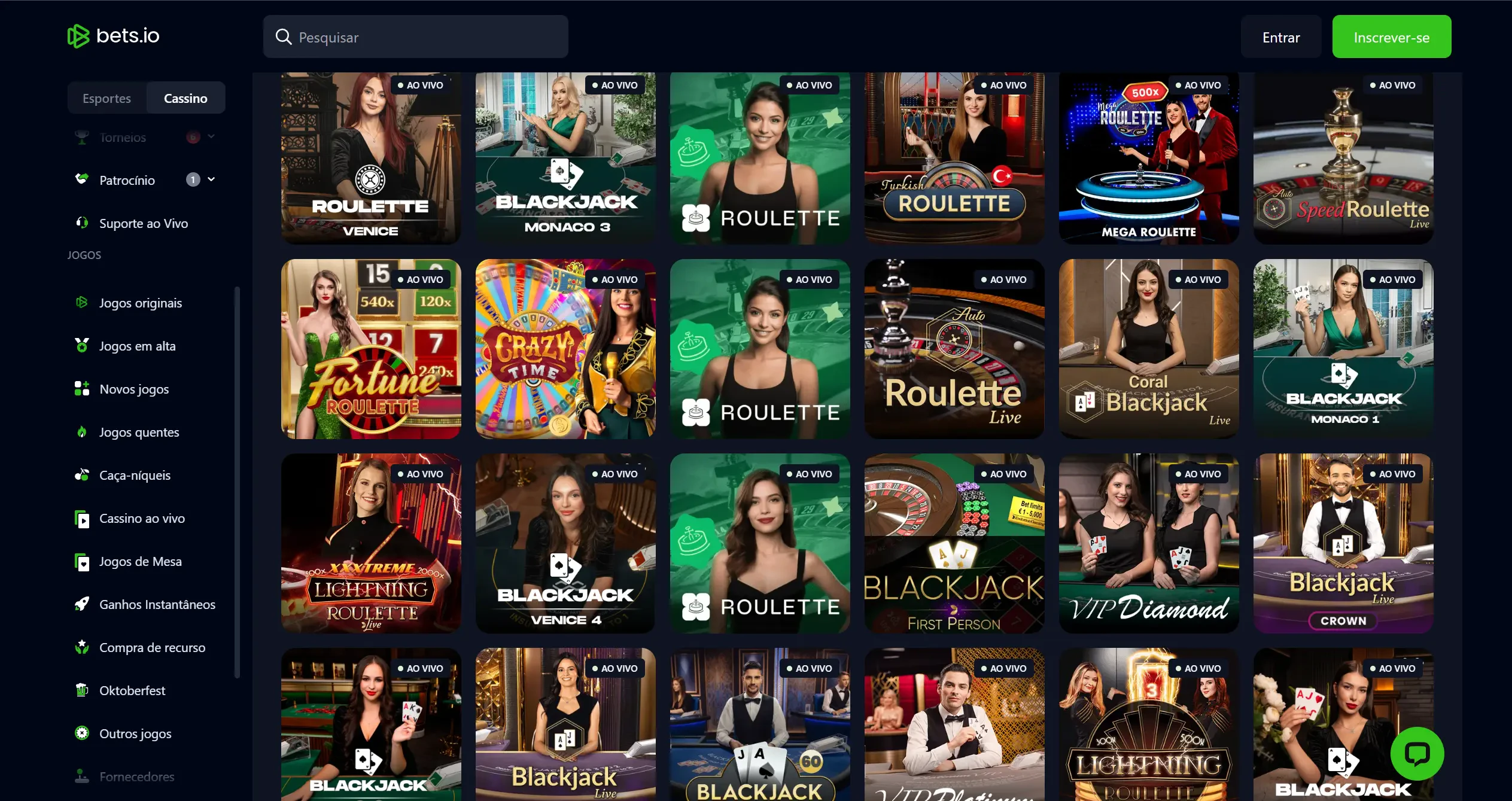 Aqui é onde você encontra as opções disponíveis para jogar no cassino ao vivo Bets.io.