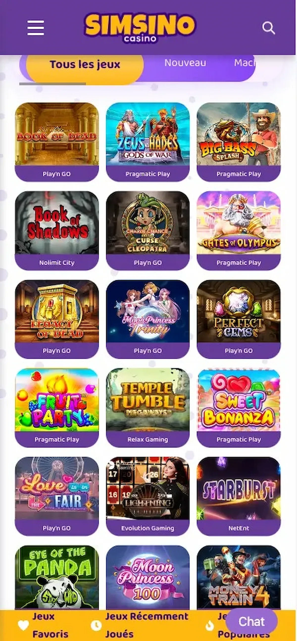 simsino interface  mobile