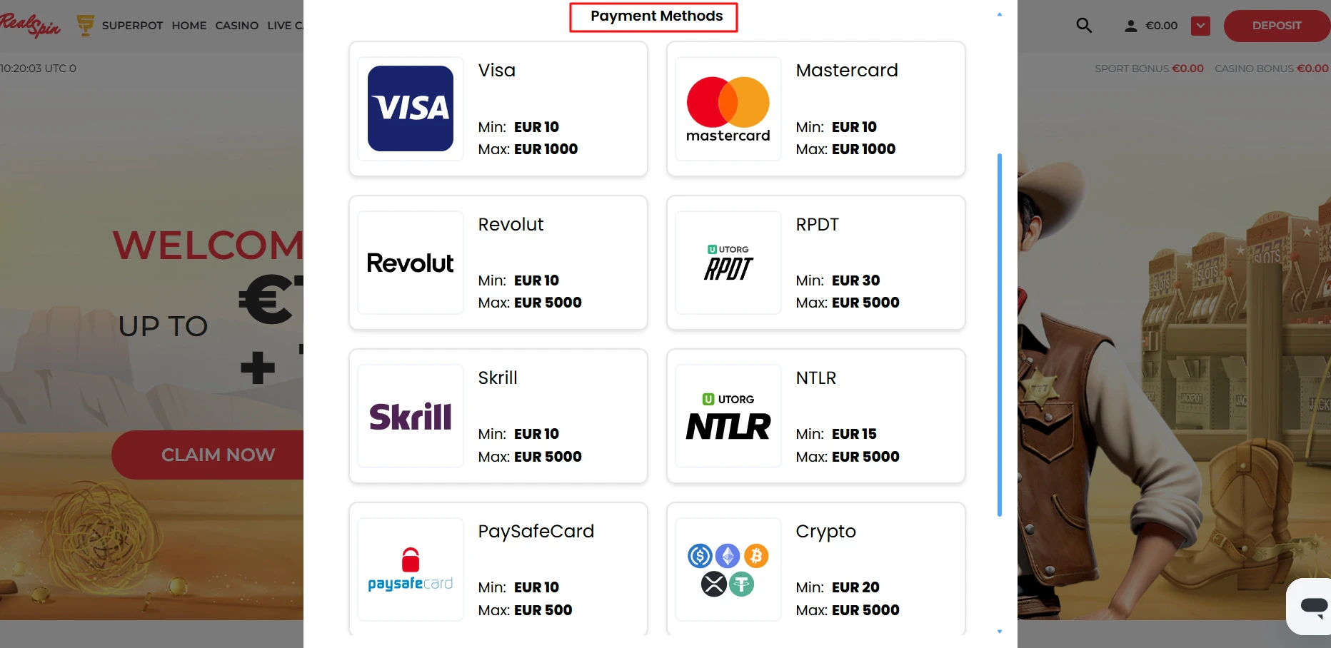 RealSpin Casino Payment Methods