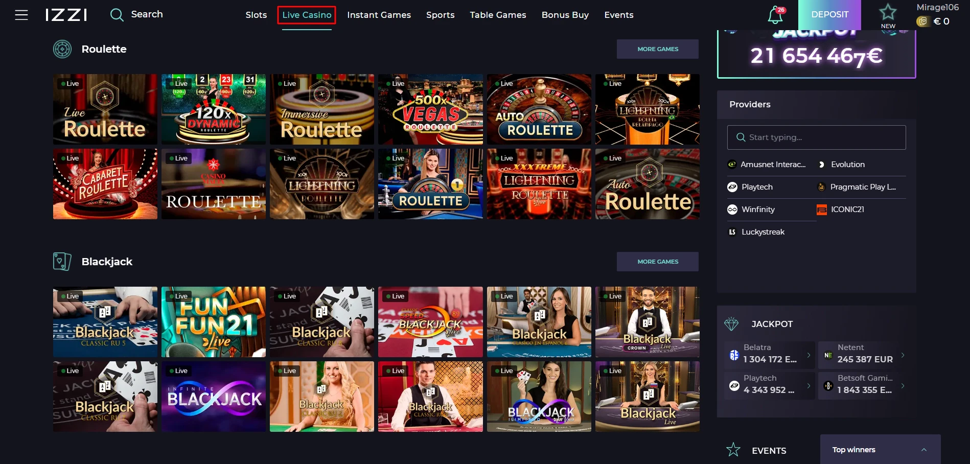 Izzi - Live Casino Page