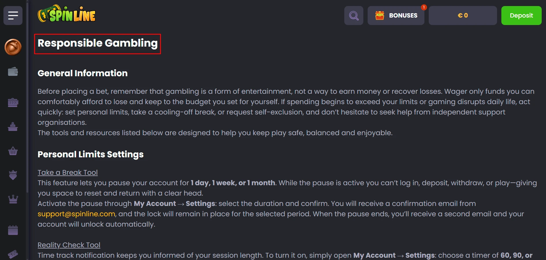 Spinline Casino Responsible Gaming