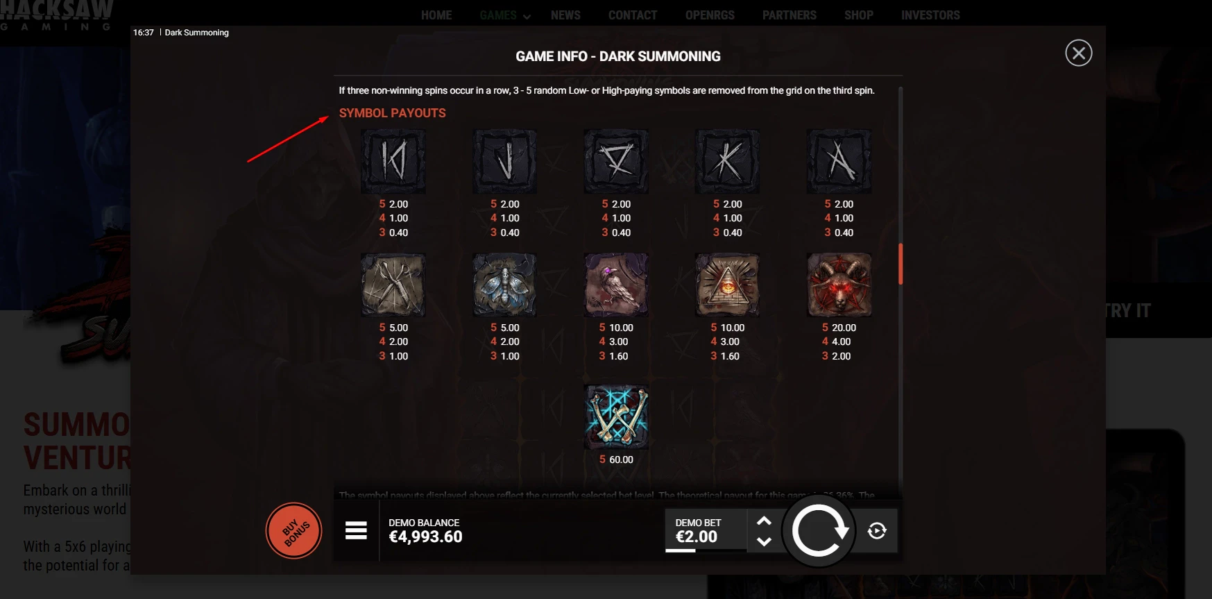 Dark Summoning Paytable