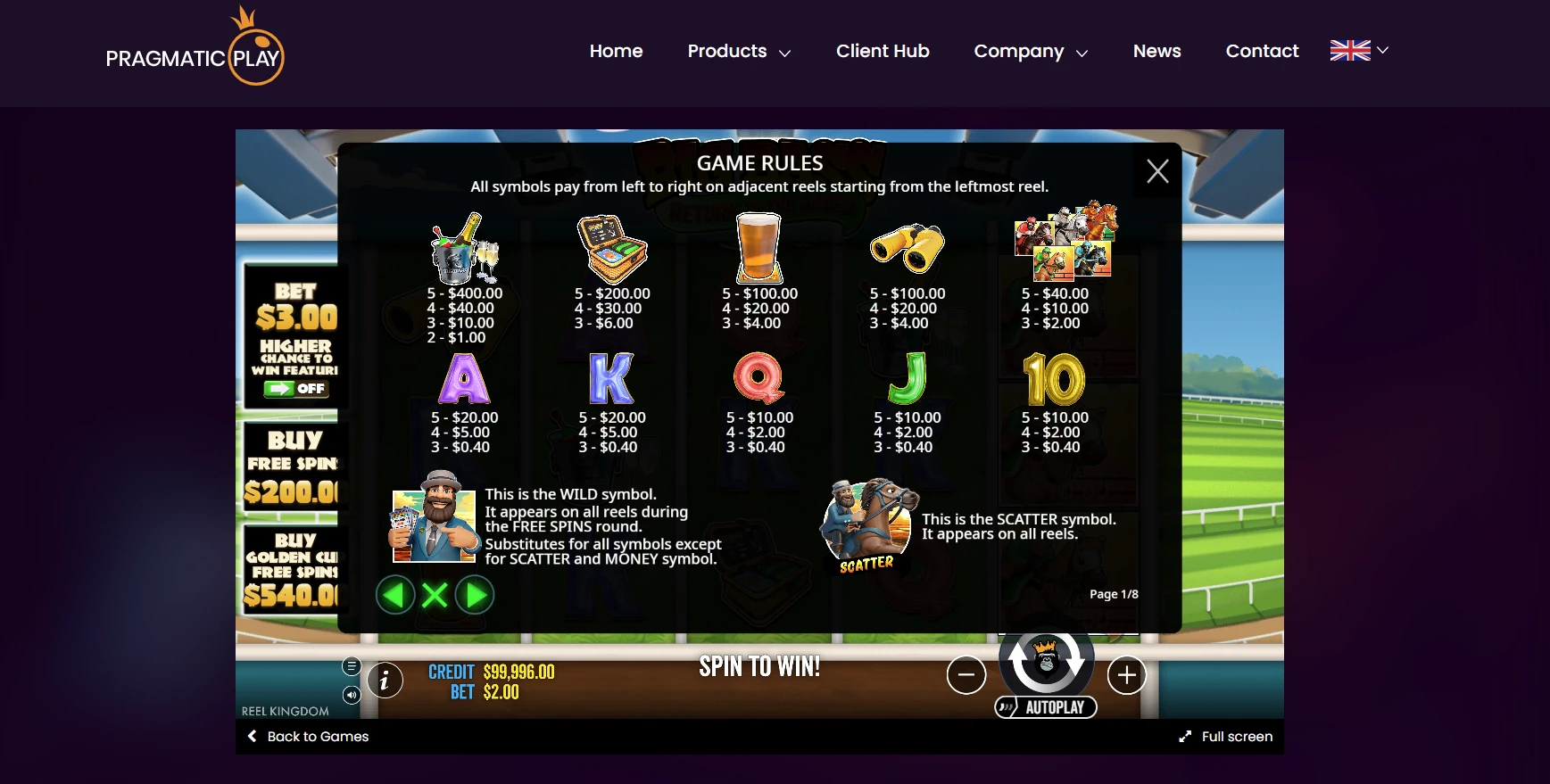 Big Bass Return To The Races Paytable