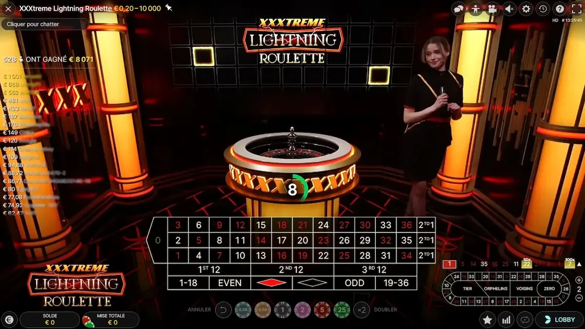 le menu du jeu live xxxtreme lightning roulette evolution gaming