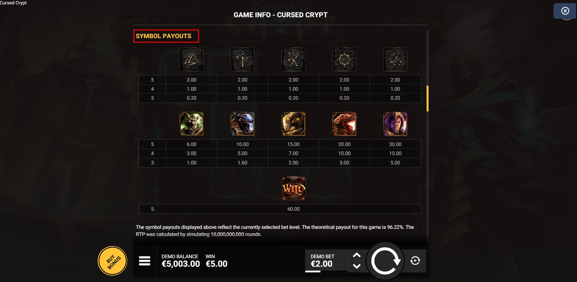 Cursed Crypt Payout Symbols
