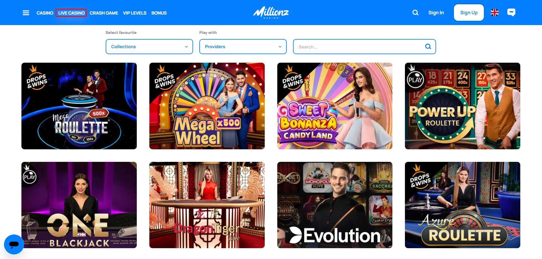 Millionz - Live Casino Page