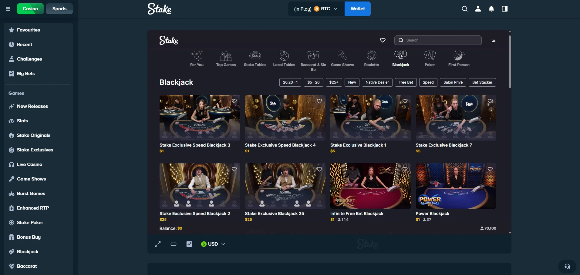 Stake - Live Blackjack Options