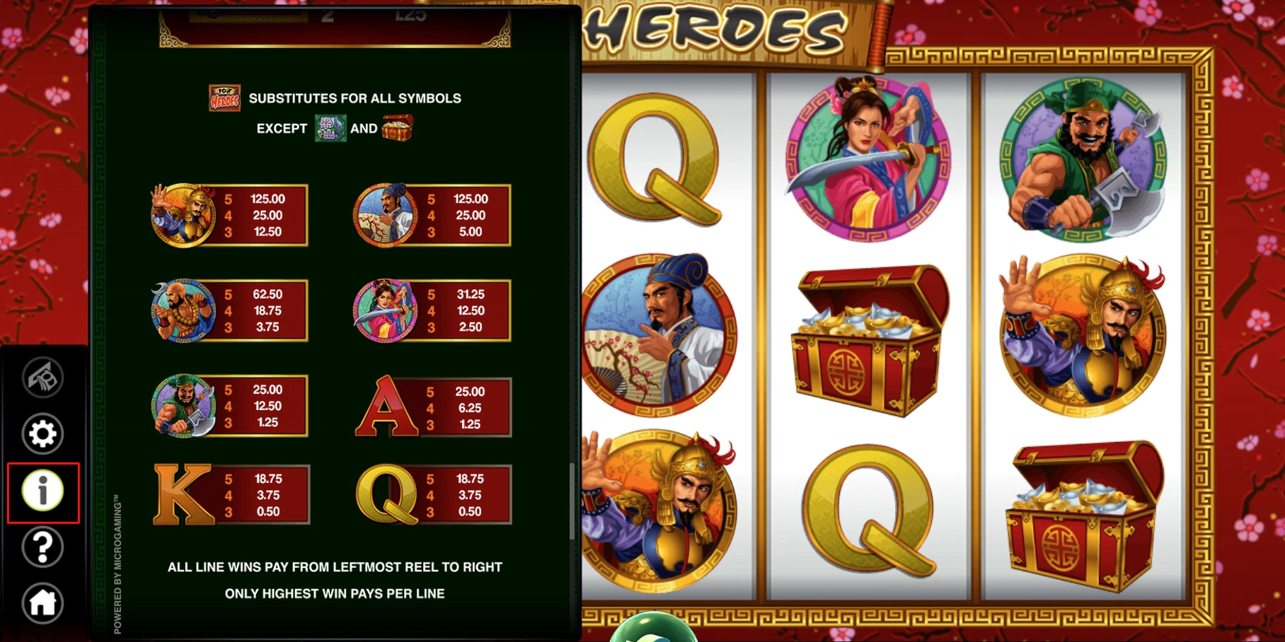 108 Heroes Paytable