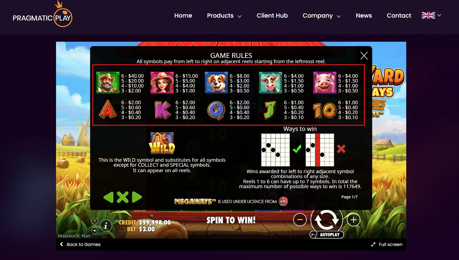 Barnyard Megahays Megaways Paytable