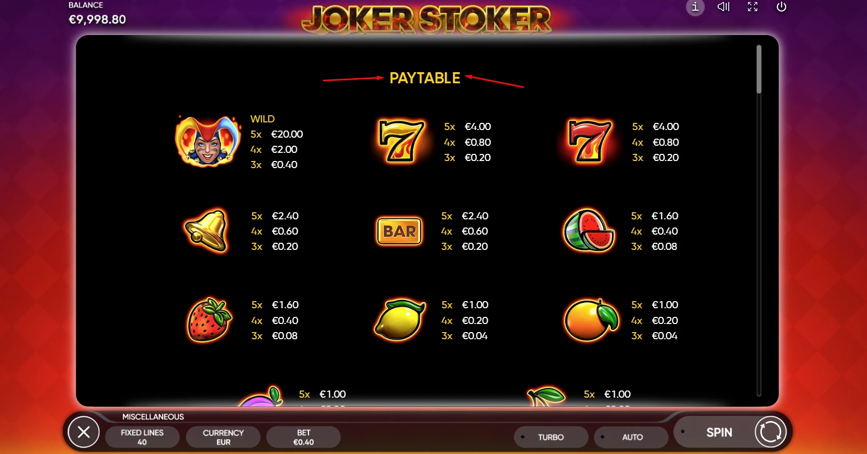 Joker Stoker Paytable