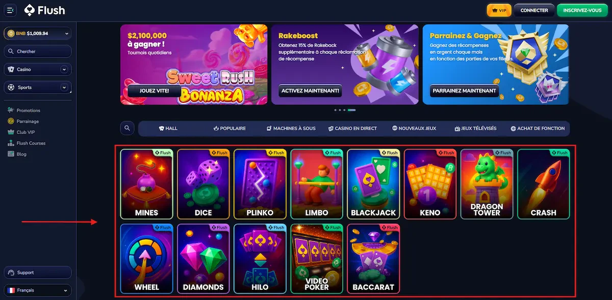 Jeux originaux disponibles sur le casino en ligne Flush