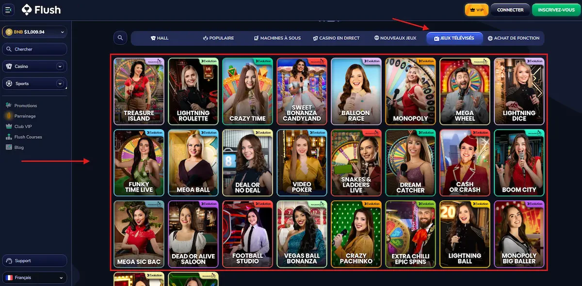 Catégorie pour accéder aux jeux télévisés sur Flush