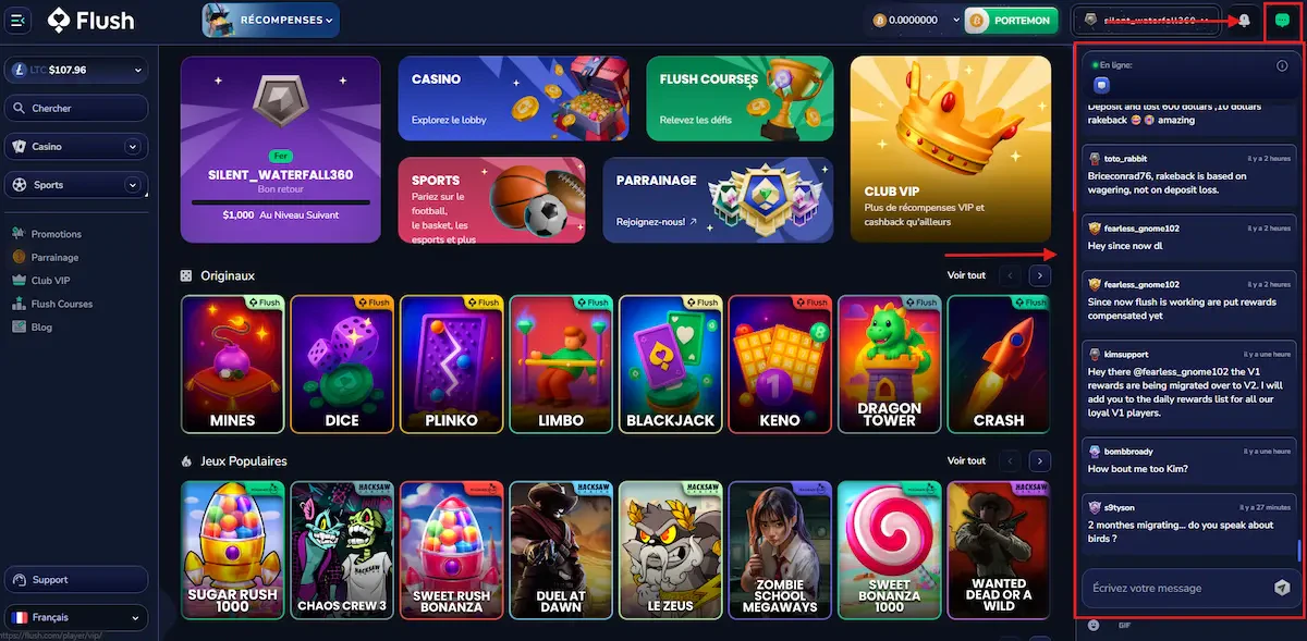 Flush Casino dispose d’un tchat communautaire