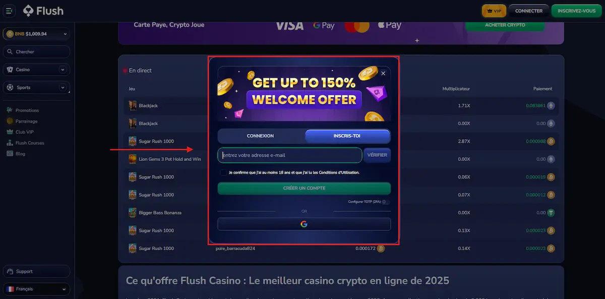 L’inscription sur Flush est très rapide à faire