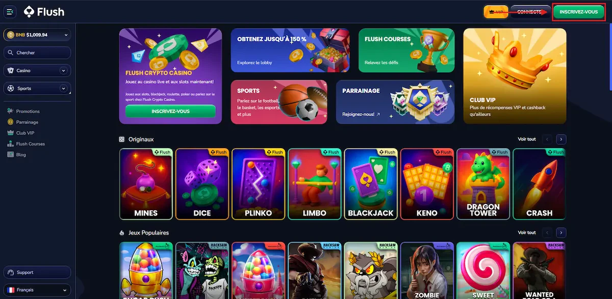 Inscription sur le casino en ligne Flush