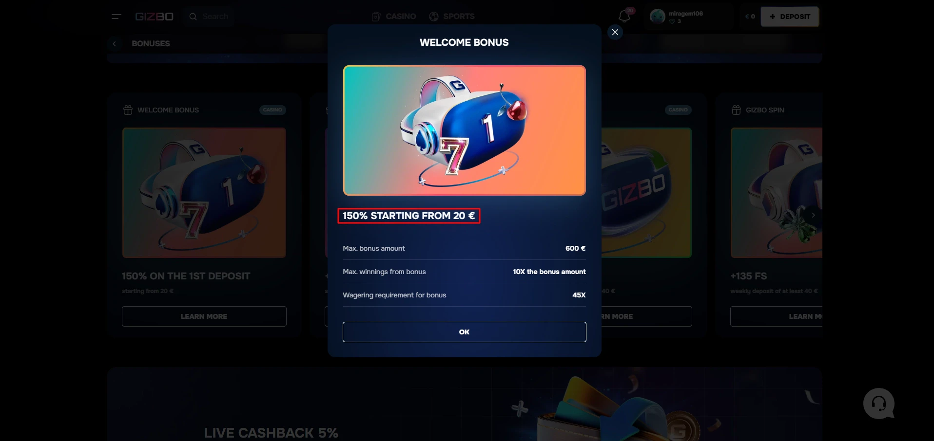 Gizbo - €20 Minimum Deposit