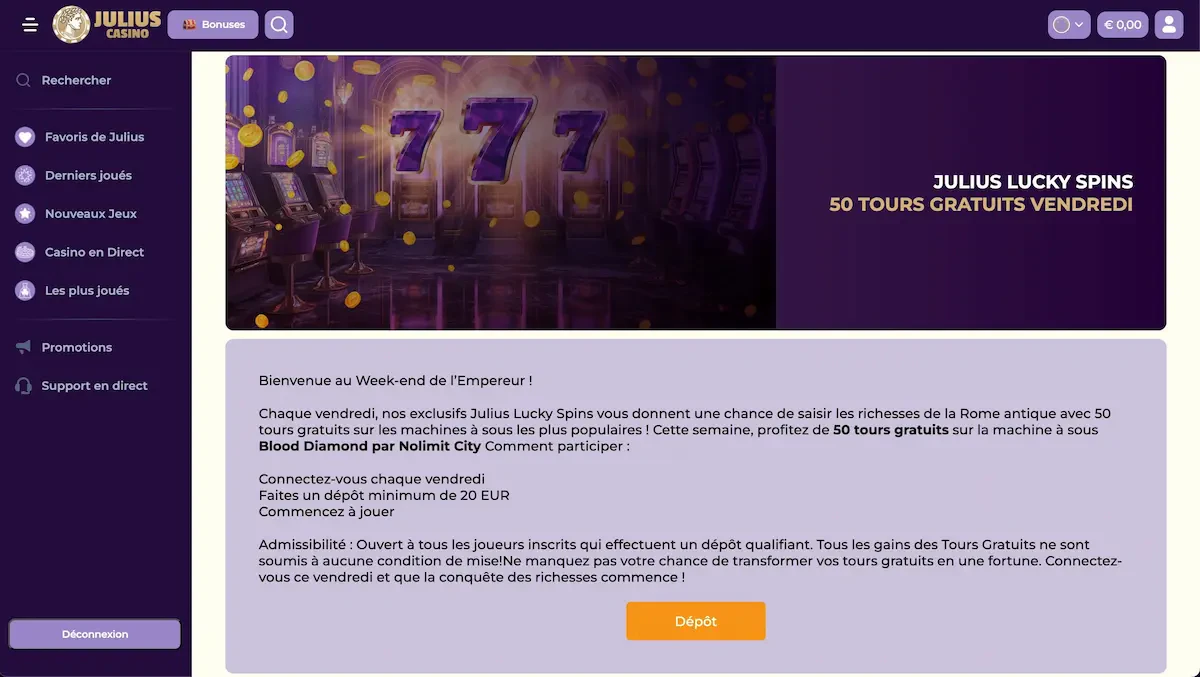 tours gratuits julius casino