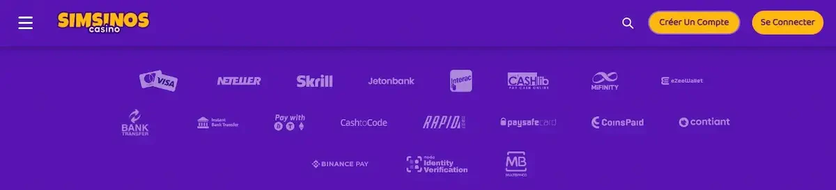 Méthodes de paiement sur Simsino