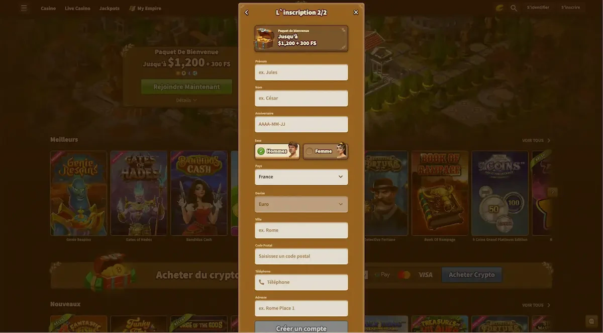 inscription myempire casino