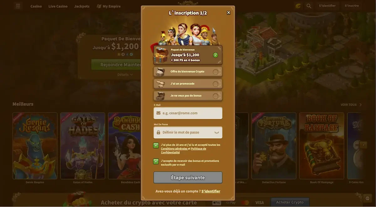inscription myempire casino