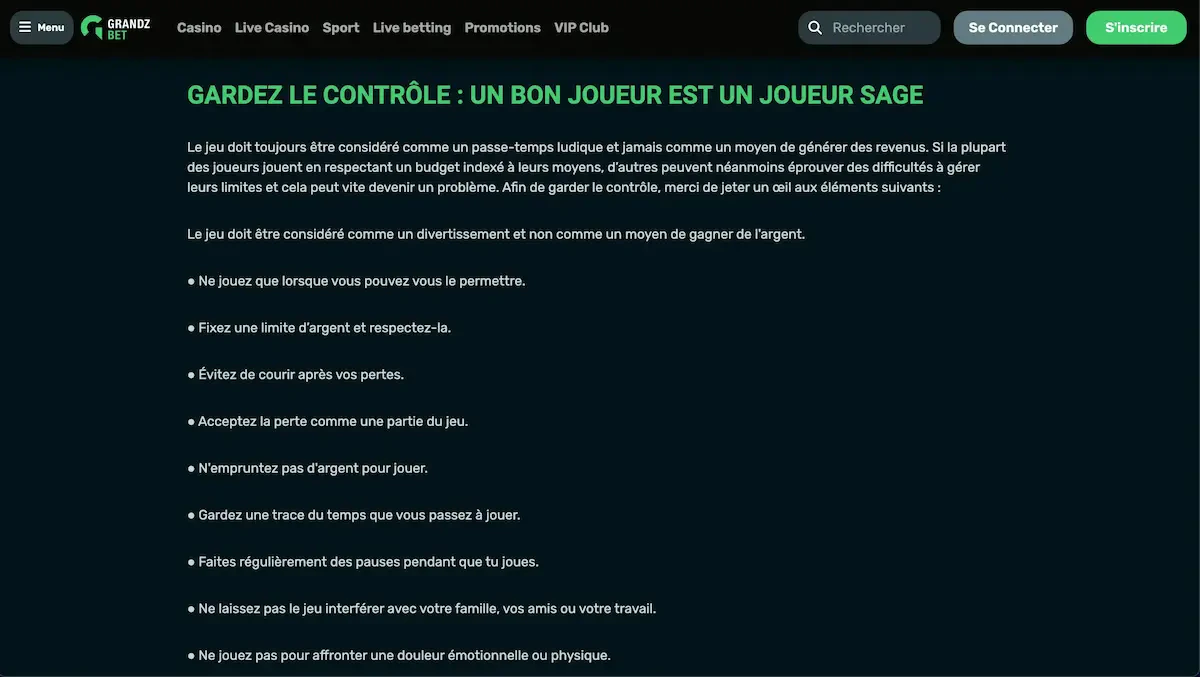 jeu responsable grandz bet