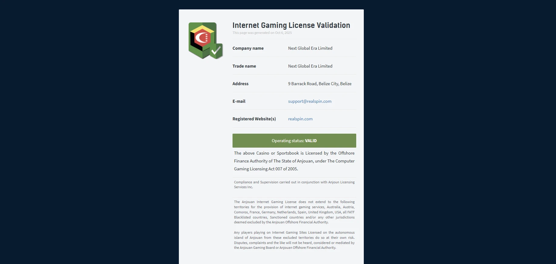 RealSpin Anjouan Gaming License