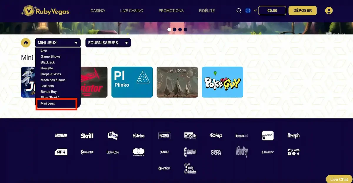 Catégorie mini jeux sur Ruby Vegas
