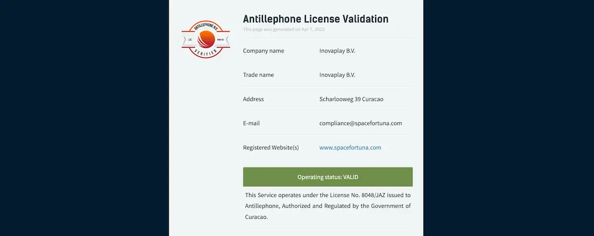 licence de jeu space fortuna