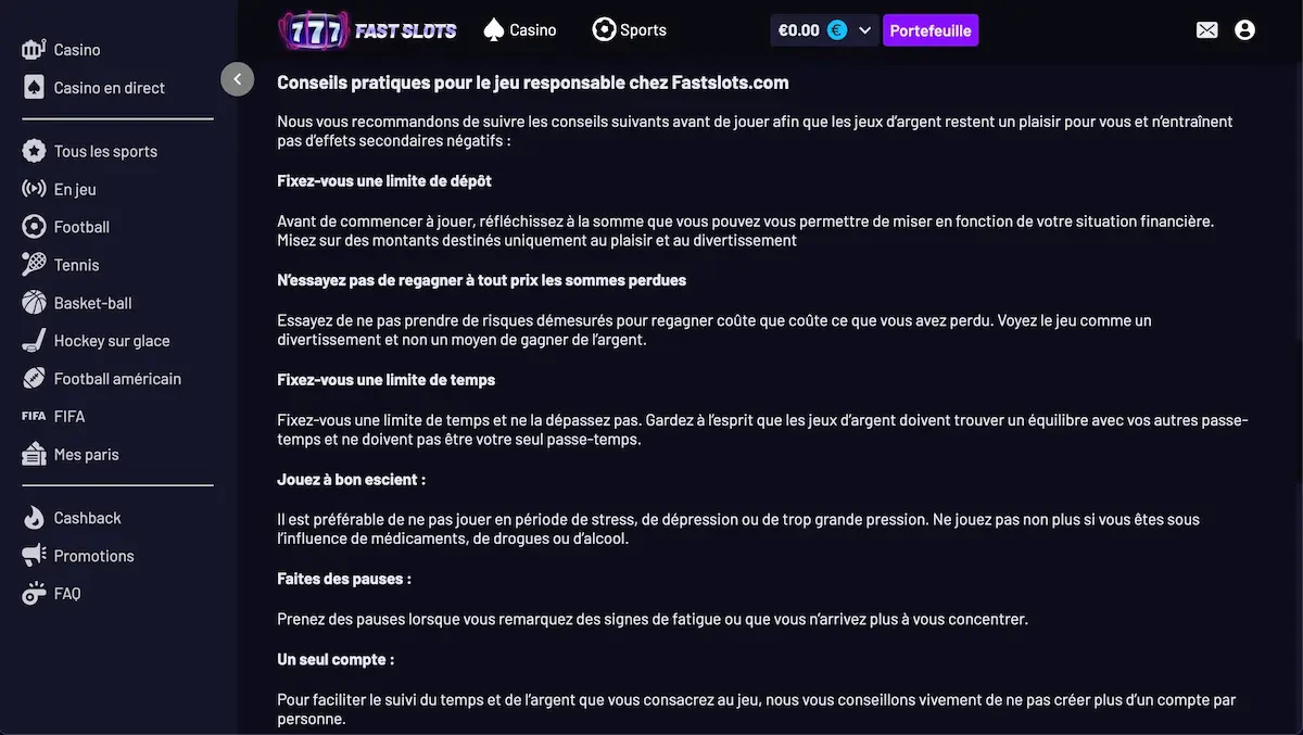 jeu responsable fastslots