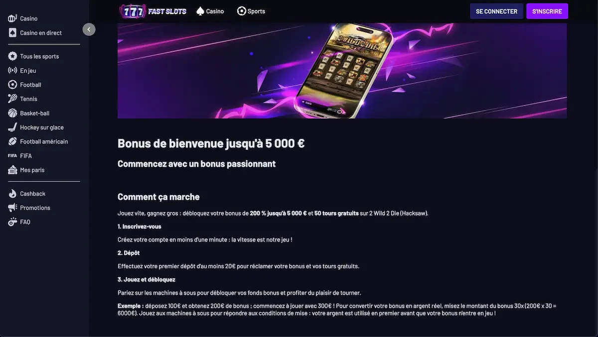 bonus de bienvenue fastslots