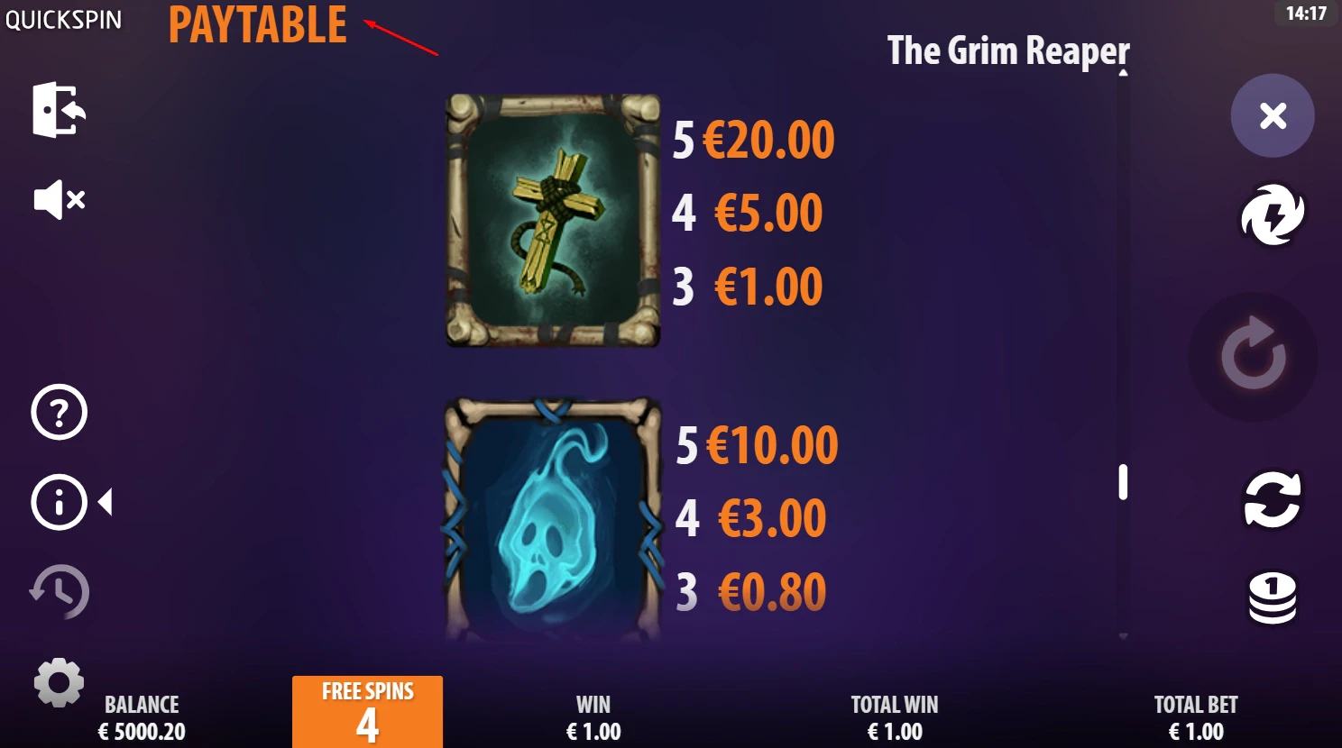 The Grim Reaper Paytable