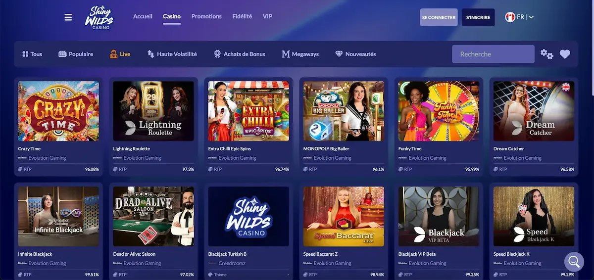 shiny wilds live casino