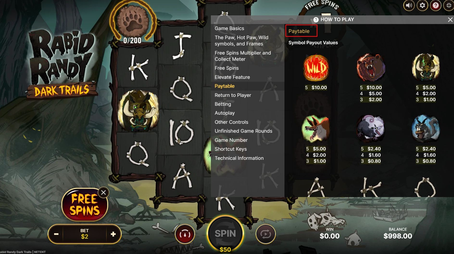 Rabid Randy: Dark Trails Paytable