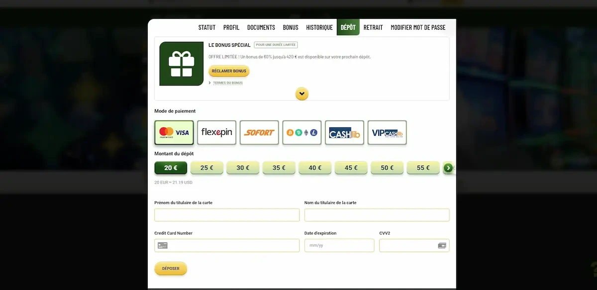 déposer de l'argent sur machance casino