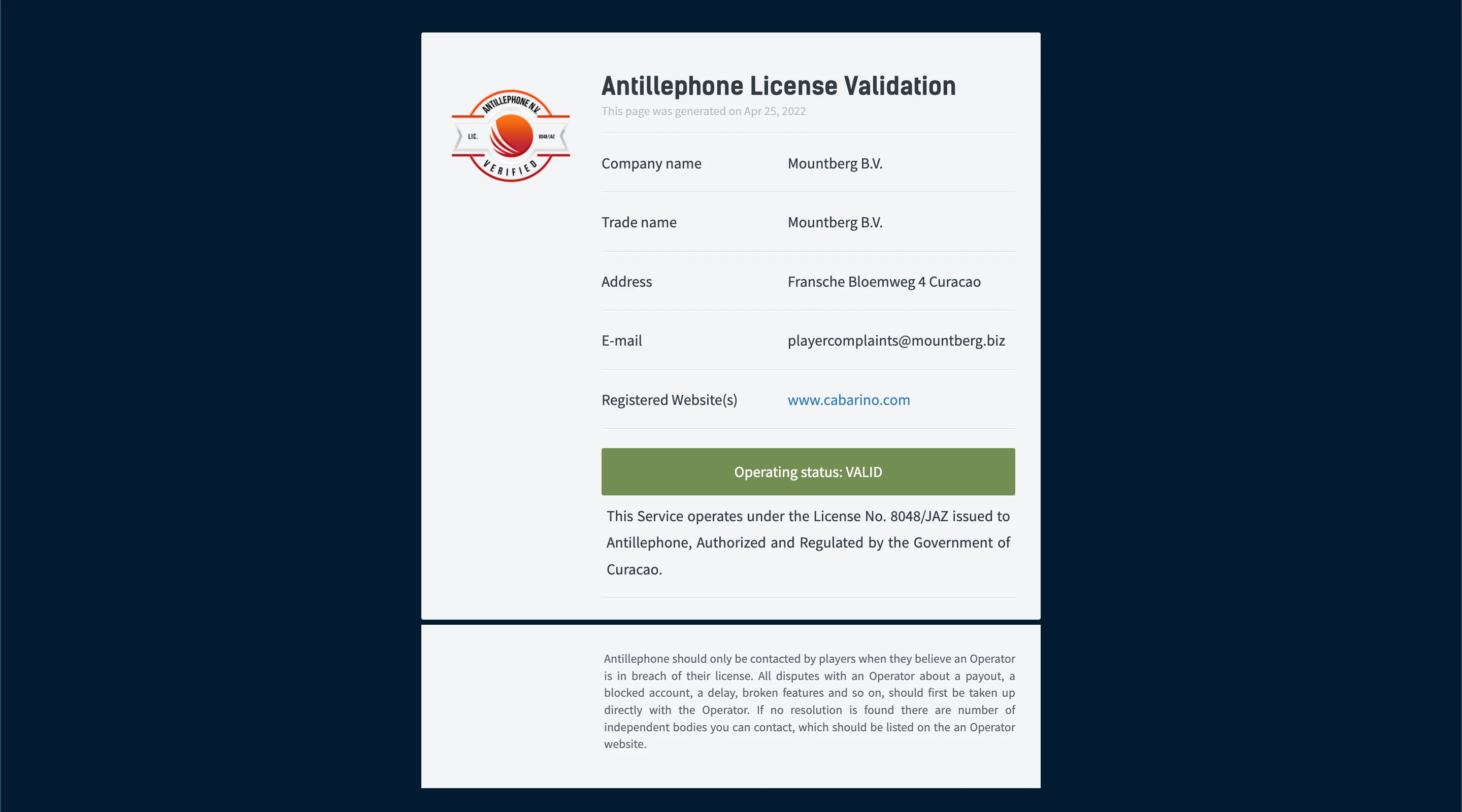 licence de jeu cabarino