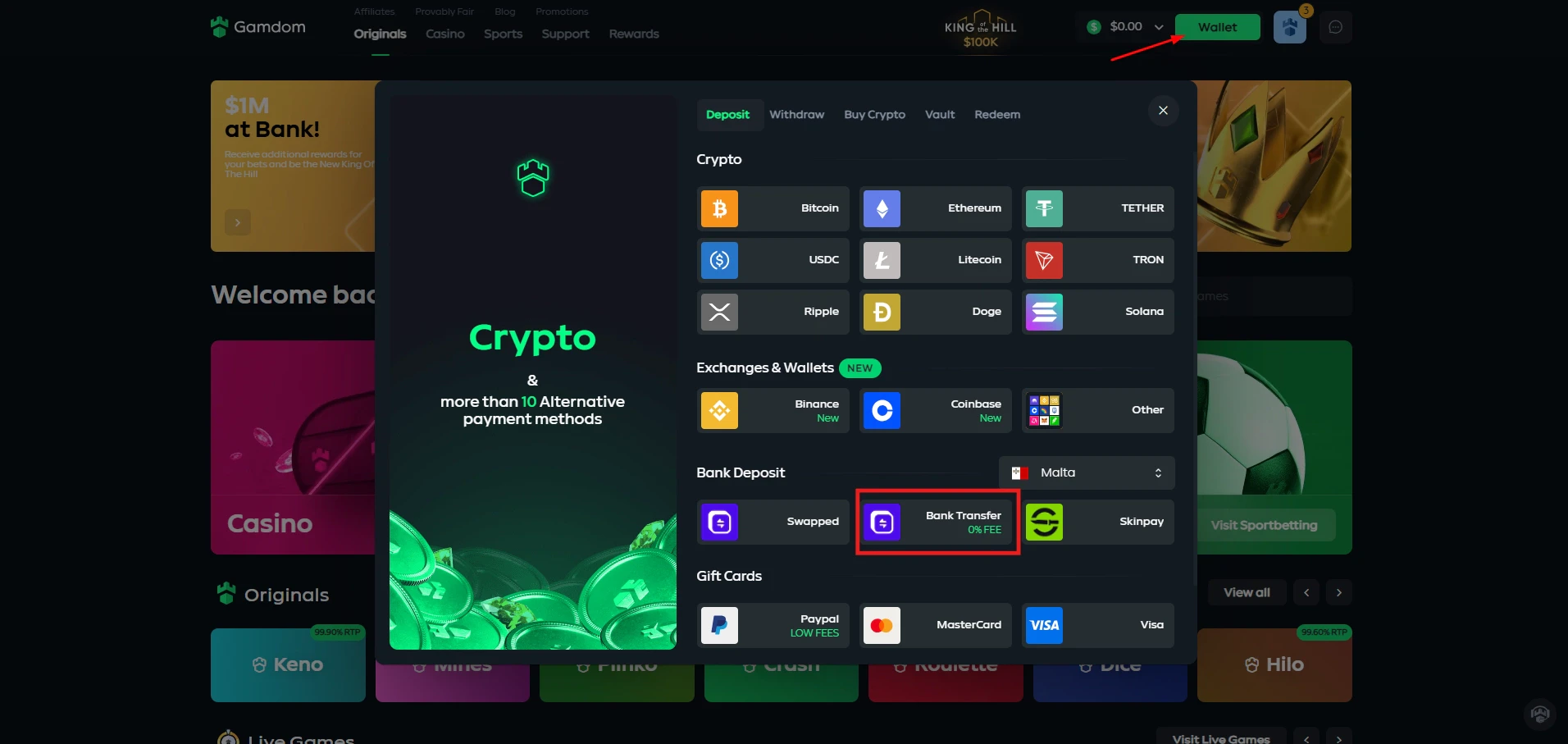 Gamdom - Cashier Page