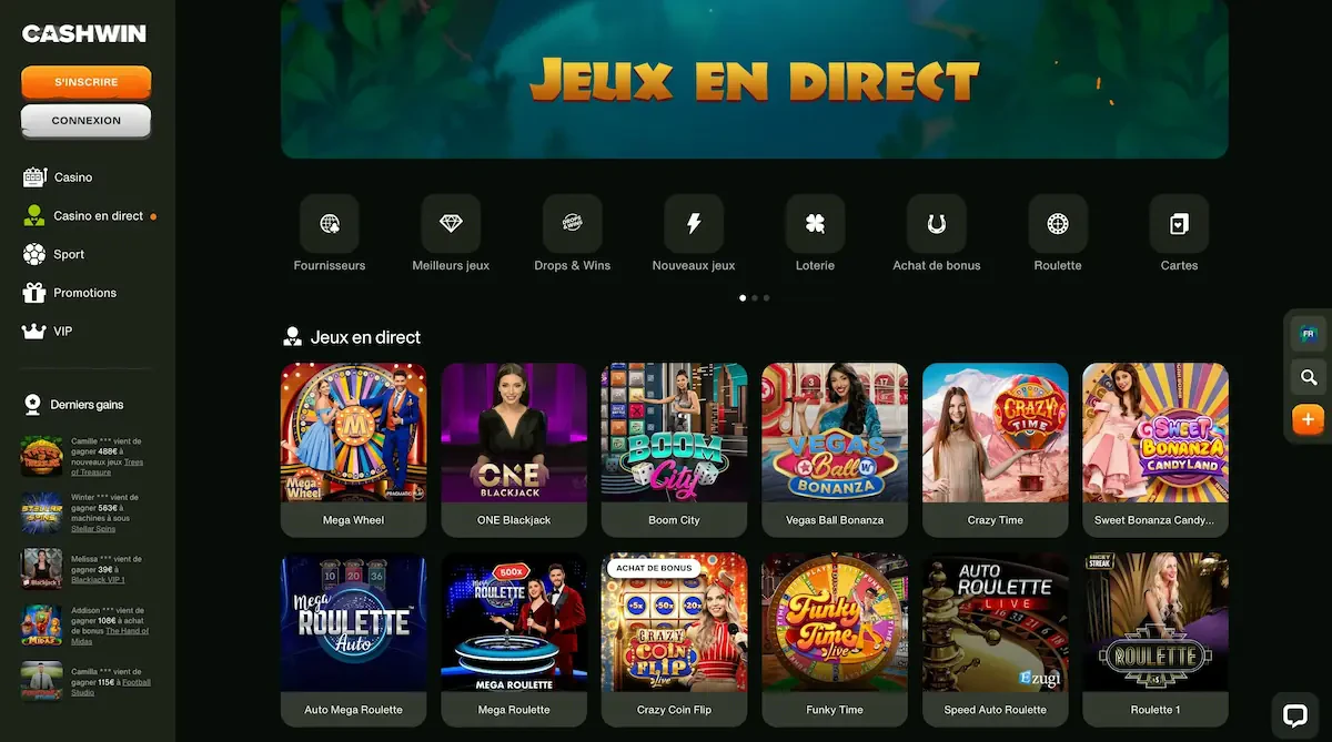 jeux en direct cashwin
