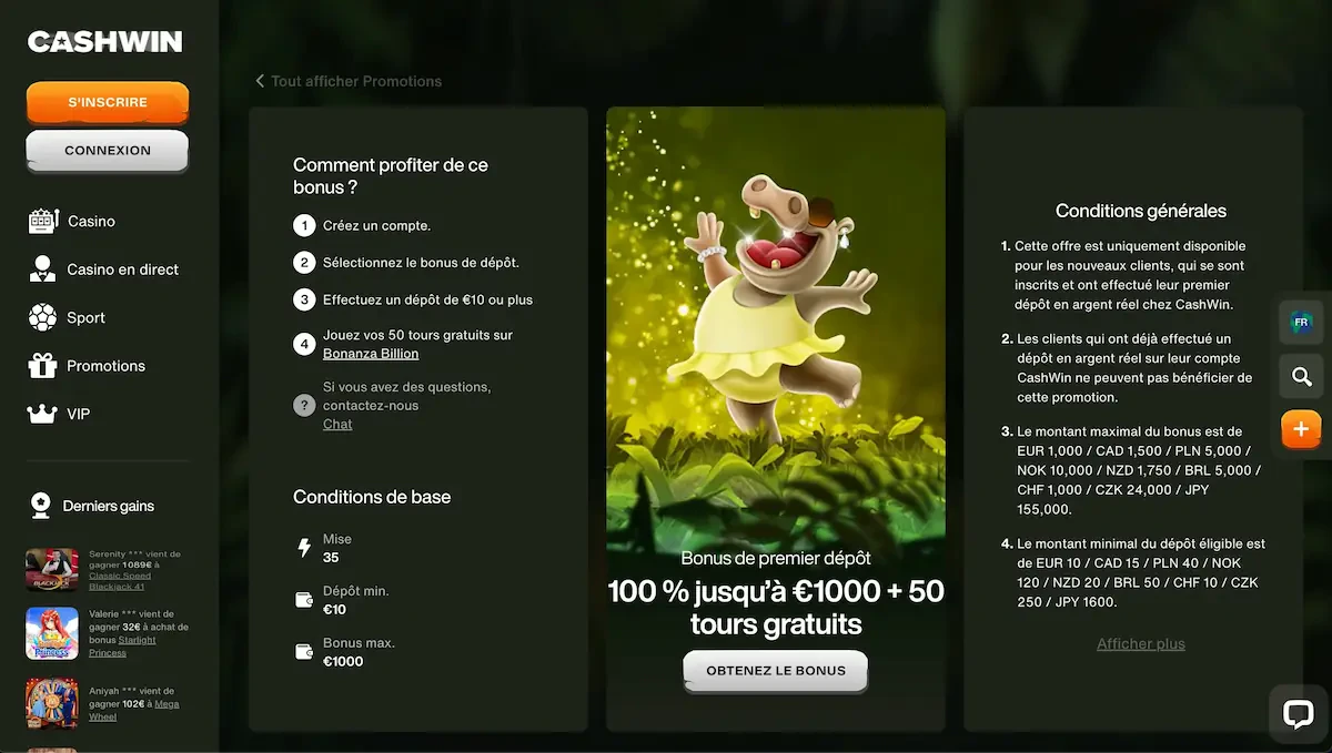 bonus de bienvenue cashwin