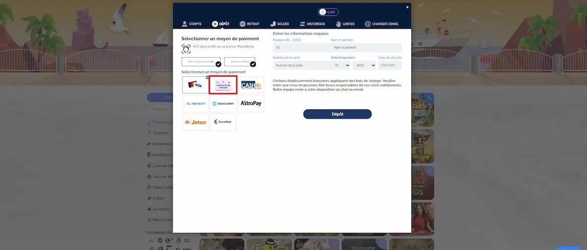 Etape 2 pour déposer en virement bancaire sur Azur Casino