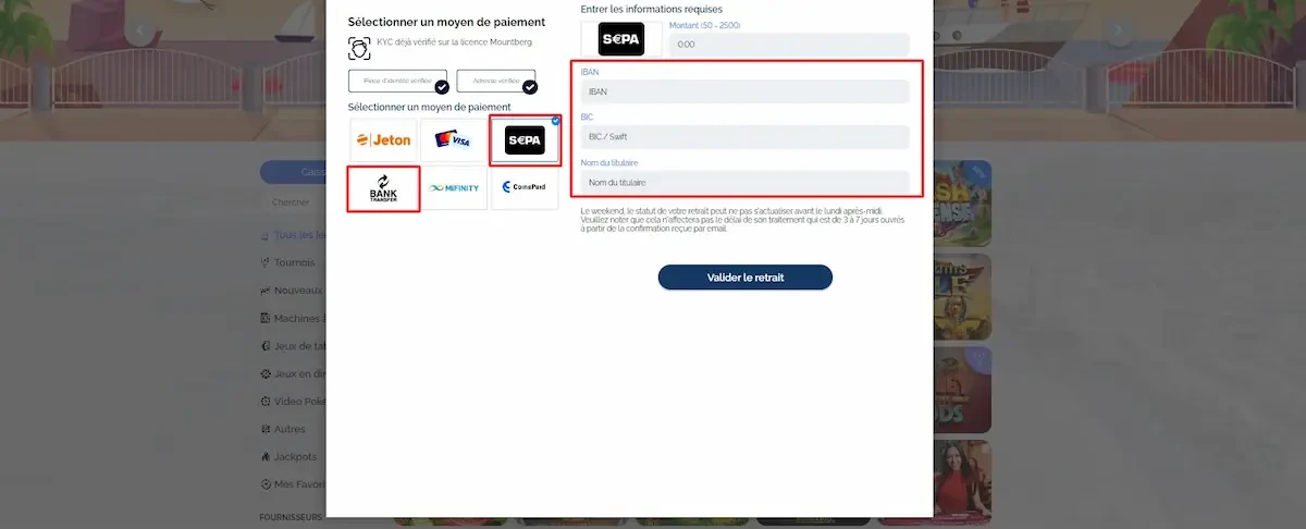 Informations demandées pour retirer votre argent en virement bancaire