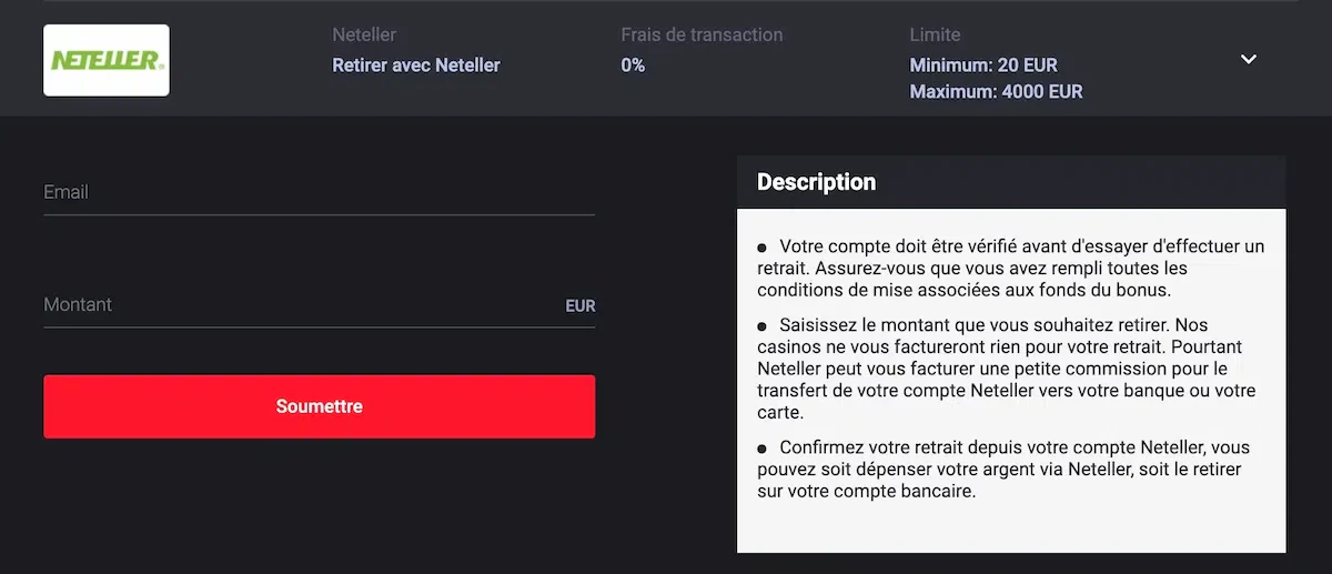 Retrait MyStake Neteller