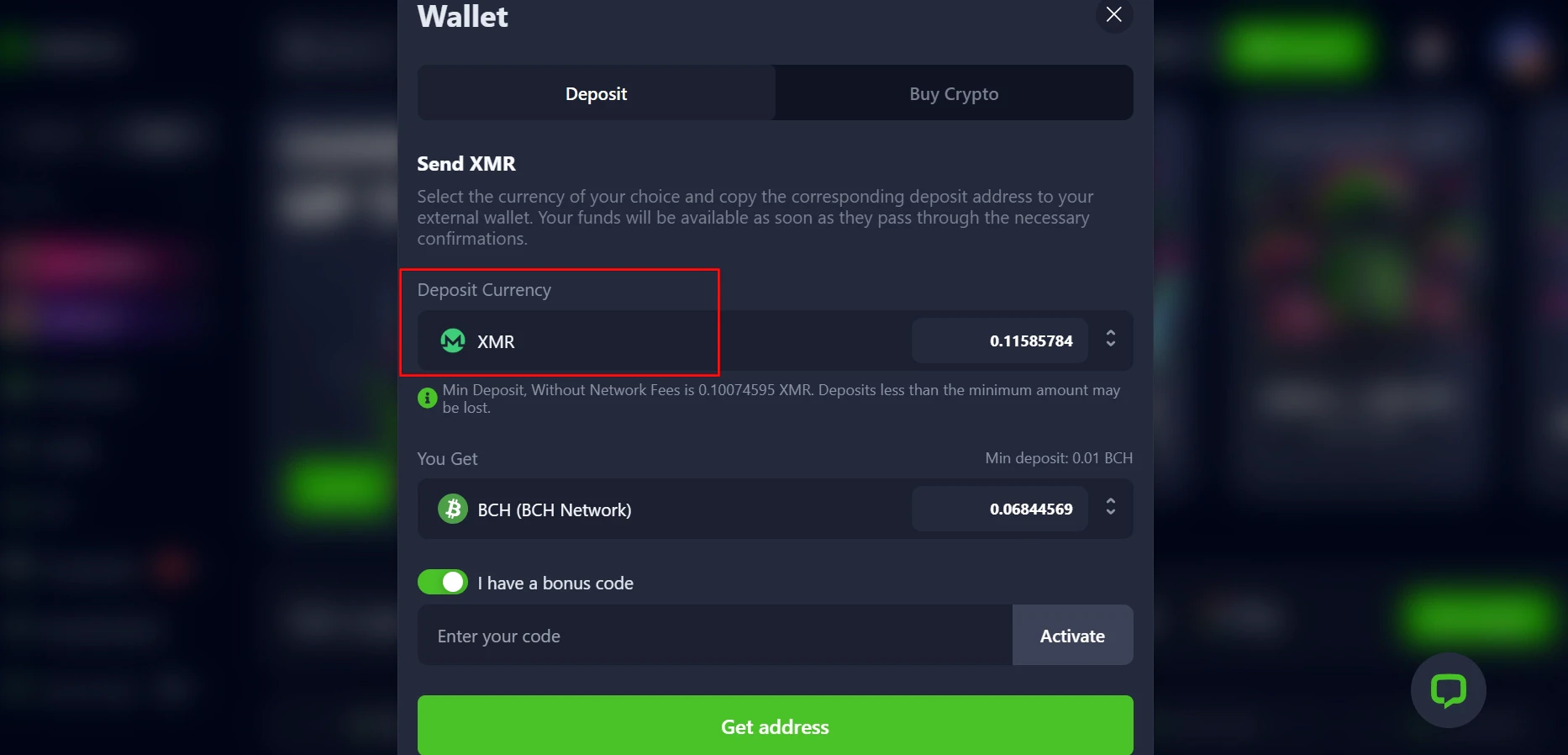 Bets.io Monero Deposit