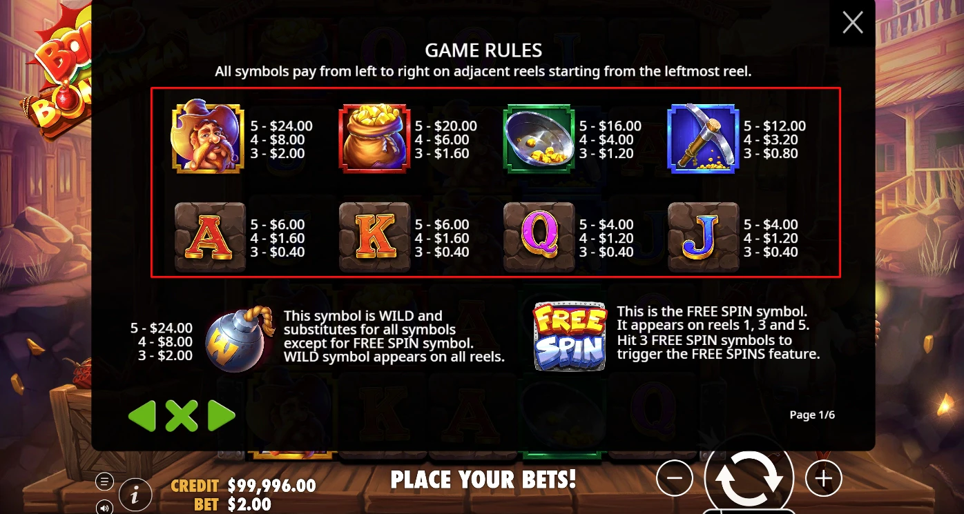 Bomb Bonanza Paytable