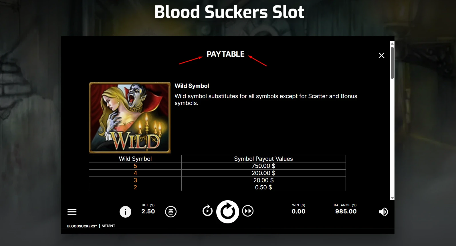 Blood Suckers Paytable